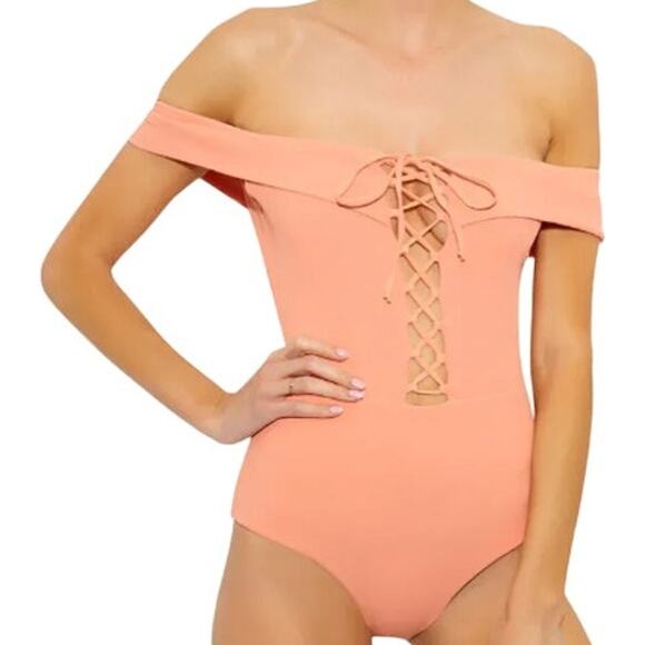 L Space Anja Off Shoulder Lace Up One Piece Swimsuit Tropical Peach 12 NWT - Picture 1 of 6